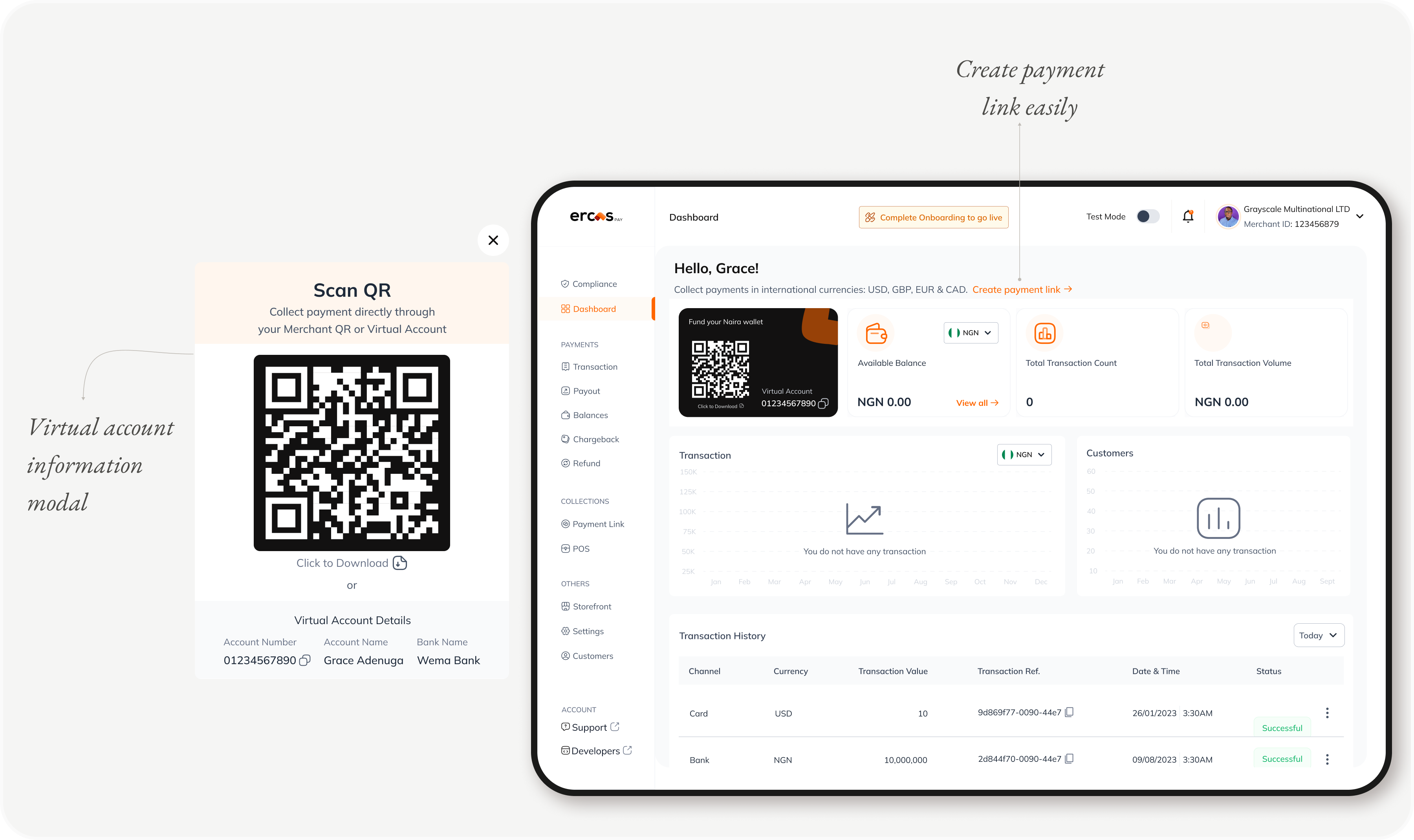 Different snapshot of the dashboard and a pop up showing the virtual account modal
