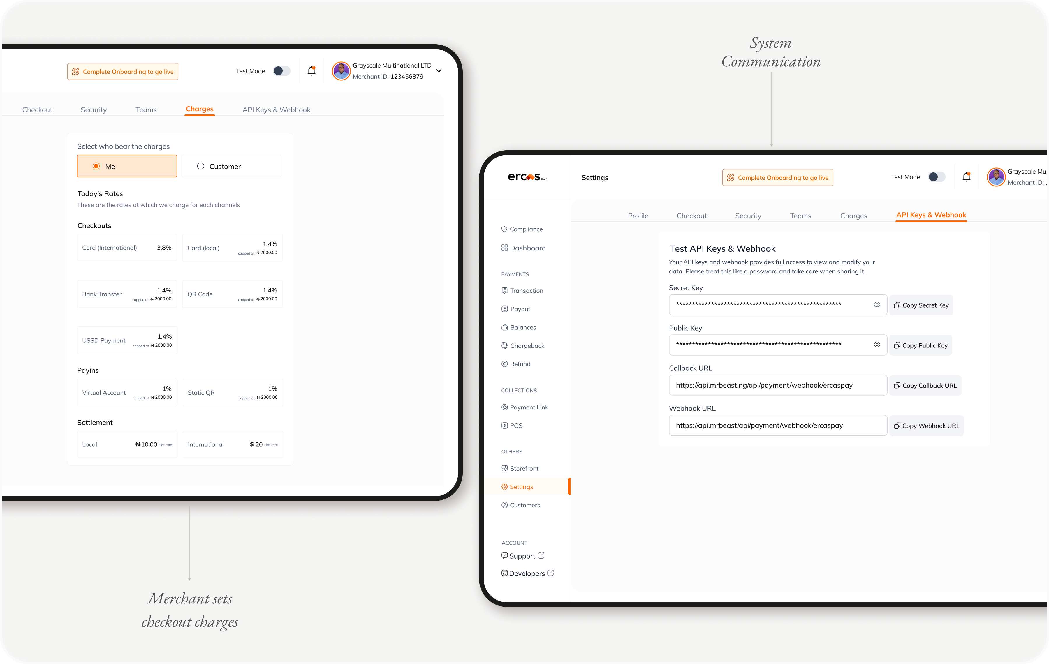 images showing api keys, webhook, and charges