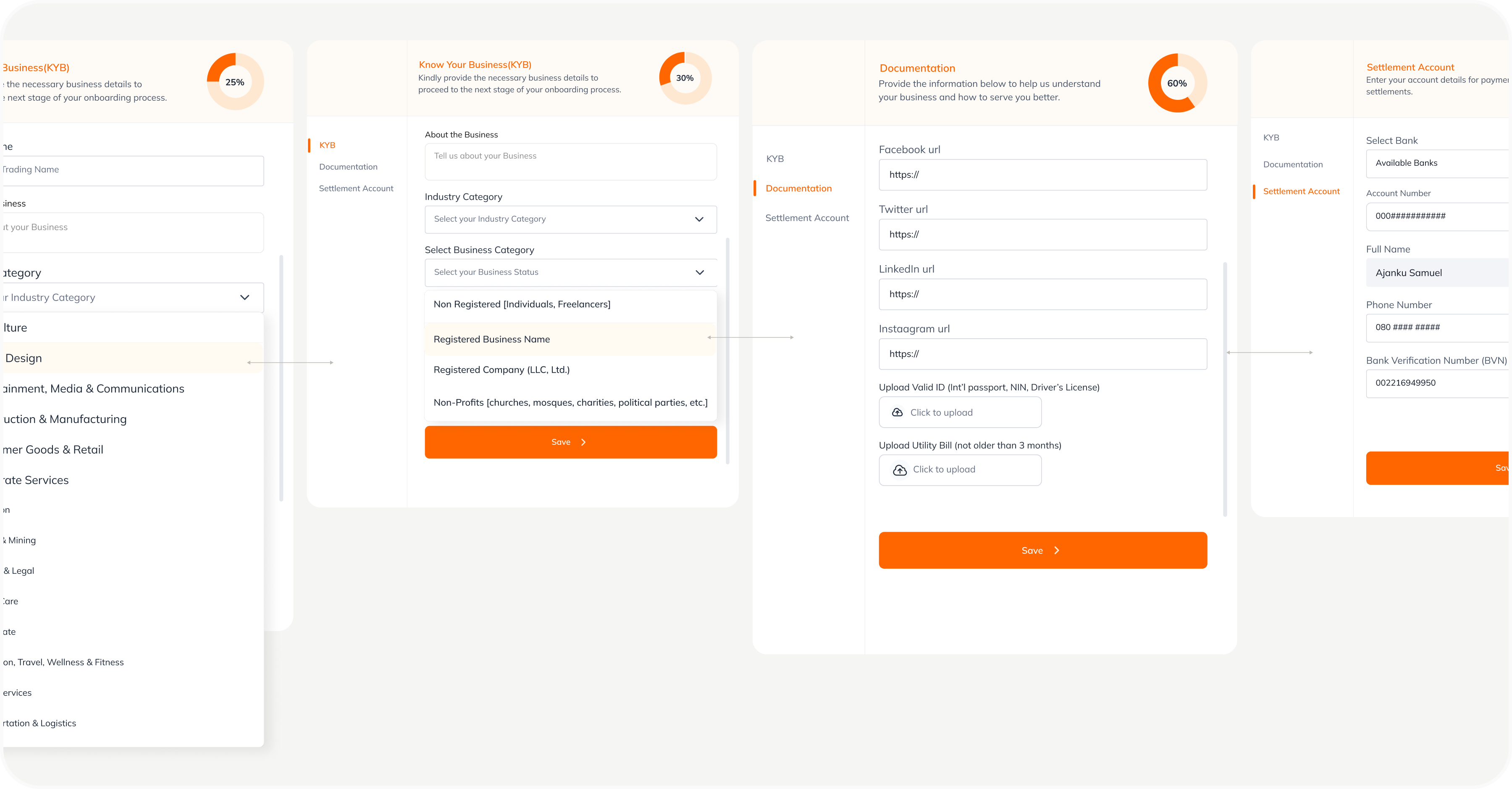 The visuals for the onboarding flow on the Ercas merchant dashboard